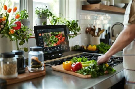 A Person Follows a Recipe on a Smart Display in Their Kitchen. Stock ...