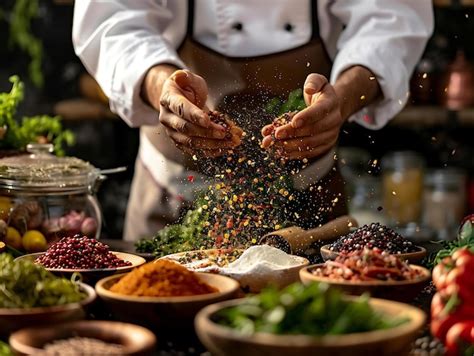 Chef Sprinkles Spices Herbs Culinary Art of Seasoning Food | Premium AI ...
