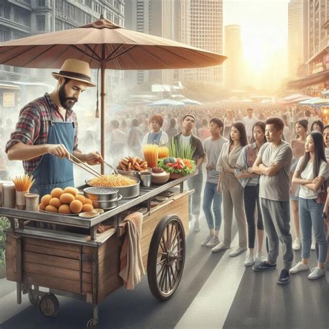 A street food vendor in an urban setting preparing and serving popular ...