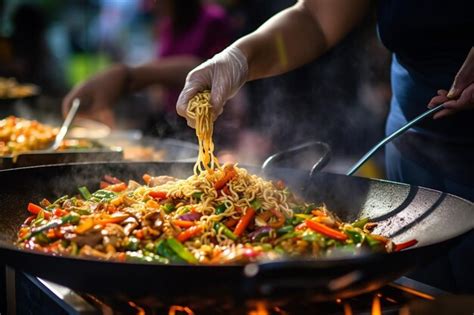 Premium Photo | Stir fry being served at a street food market