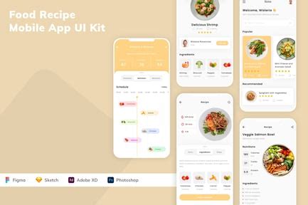 Food Recipe Mobile App UI Kit, UX and UI Kits ft. food &amp; delivery - Envato