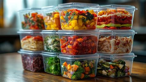 Colorful Meal Prep Containers with Healthy Food on Kitchen Table. Stock ...