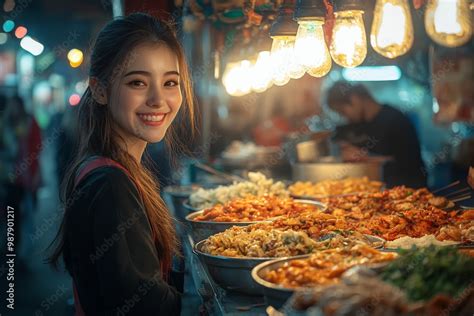 Smiling woman at bustling night market stall enjoying vibrant street ...