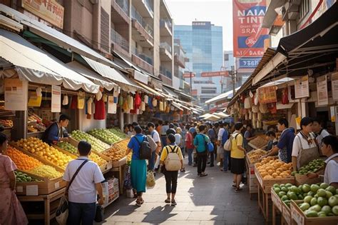 Premium Photo | Board in a bustling food market with vendors and stalls