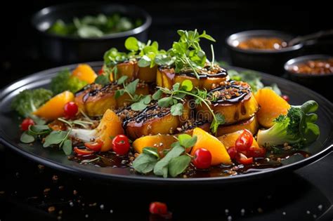 Beautifully Plated Vegan Dish, Vibrant Colors and Textures Stock ...