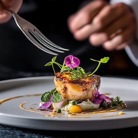 A gourmet dish featuring a scallop garnished with herbs and edible ...