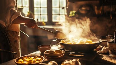 A picturesque view of a rustic kitchen bathed in soft natural light ...