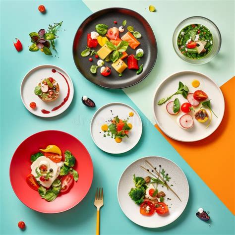 Colorful Gourmet Dishes Arranged on Vibrant Backgrounds Stock Image ...