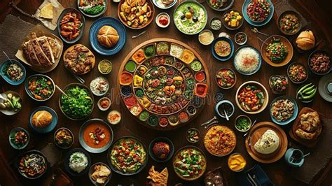 Diverse Cuisine, Circular Table, Overhead Shot, Restaurant, Food ...