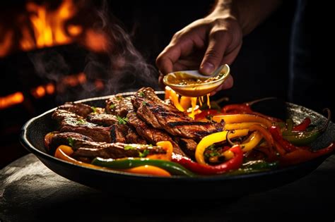 Premium Photo | A chef drizzling sauce over sizzling fajitas