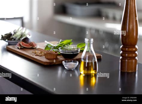 wooden cutting board with fresh ingredients for a recipe back light on ...