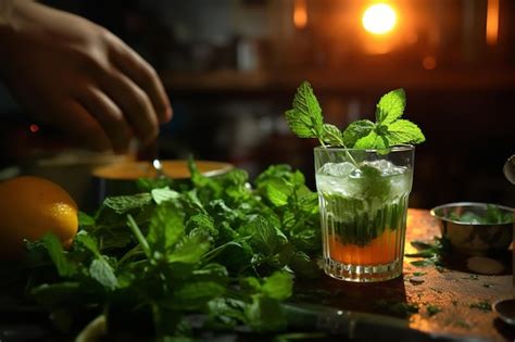 Premium AI Image | Garnishing Juice with Fresh Herbs and Mint Leaves