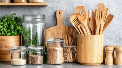A Well-organized Kitchen Countertop Displays Bamboo Containers with ...