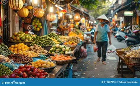 A Local Food Market Scene, with Vendors from Various Cultures Selling ...