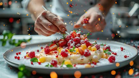 Close up hand of chef is garnishing exquisite plate of food with ...