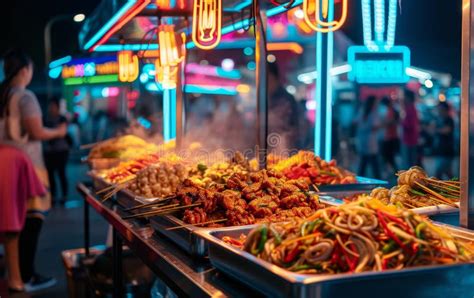 Bustling Night Market Street Food Scene with Vendors and Vibrant ...
