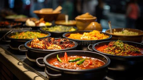 An Energetic Shot of Diverse Street Food Stalls, Showcasing a Variety ...