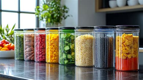 Colorful Meal Prep Containers are Neatly Arranged on Kitchen Countertop ...