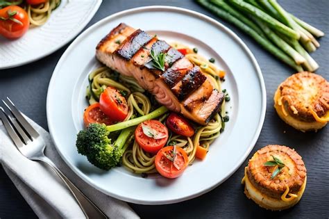 Premium Photo | A beautifully plated meal of grilled salmon and roasted ...