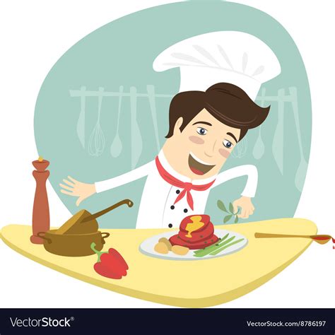 Funny chef cooking meat dish in the kitchen Vector Image