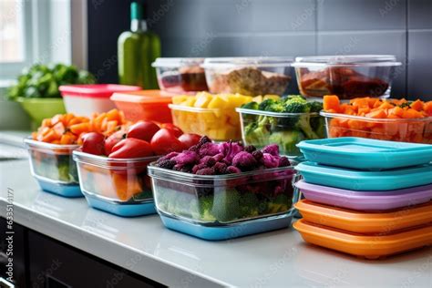 colorful meal prep containers neatly organized on countertop Stock ...