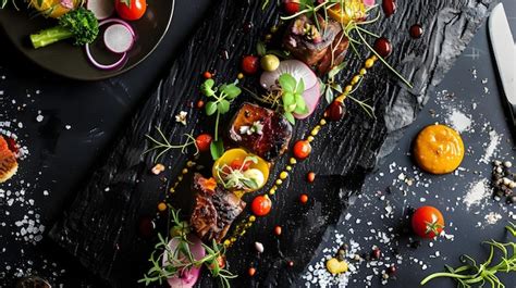 Gourmet Fusion Cuisine Artfully Plated Exotic Meat Dish with Colorful ...