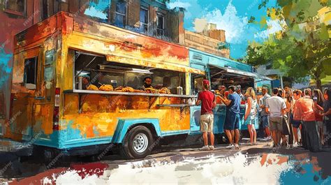 A vibrant street food scene with a colorful food truck and a bustling ...
