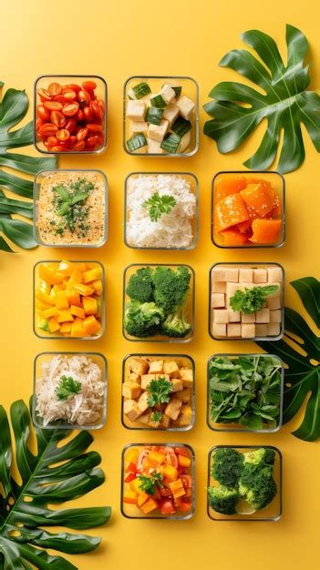 Colorful meal prep containers filled with fresh vegetables tofu and ...