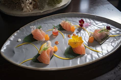 Raw Fish Dishes, Artfully Plated and Ready To Be Eaten Stock ...