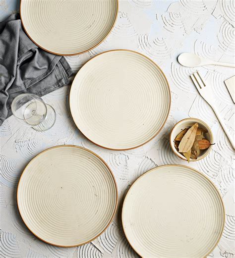 Handcrafted ribbed cream 1-inch ceramic dinner plates -set of 4, best ...