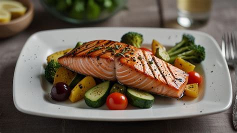 Healthy dinner with grilled salmon and vegetables | Premium AI ...