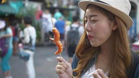 Happy Couple Tourist Enjoy Eating Street Food Stock Video - Video of ...