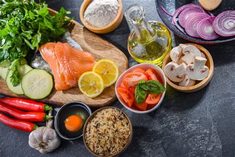 Fresh Food Ingredients Prepared for Cooking on a Kitchen Table Stock ...