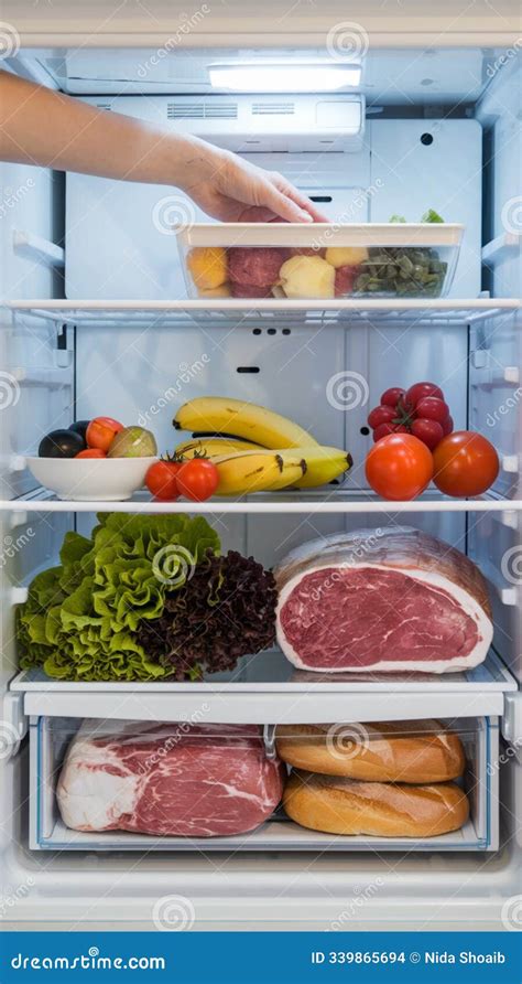 Hand Reaches Refrigerator Shelf, Fresh Produce Visible Below in ...