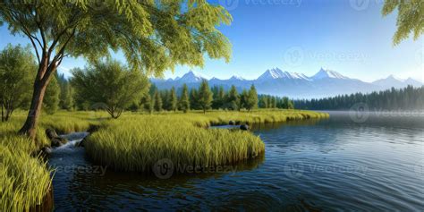 Photorealistic panoramic view of the beautiful natural landscape on the ...