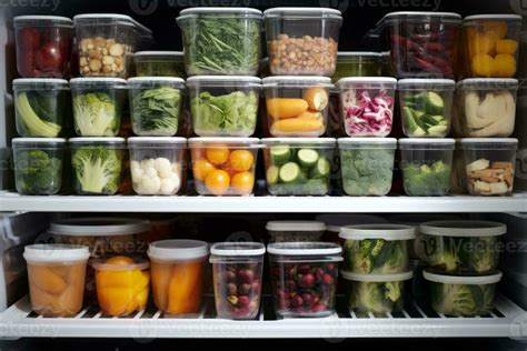 Well-organized fridge filled with containers of balanced, prepped meals ...