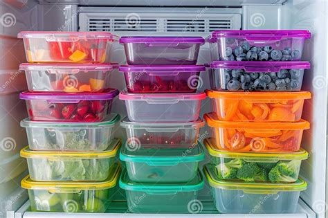 Colorful Meal Prep Containers Stacked in a Refrigerator Stock Image ...