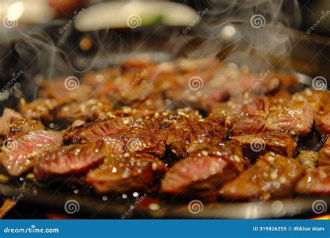 Beef Steak Sizzling and Cooking on a Hot Frying Pan, Depict the Sizzle ...