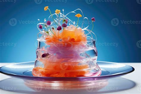 Molecular gastronomy dish artistically plated isolated on a vibrant ...
