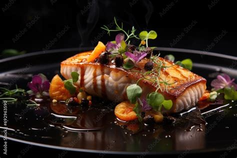 Elegant and refined plating of a gourmet seafood dish with seared fish ...