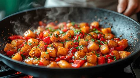 Colorful Stir-fried Vegetables Cooking in a Pan with Fresh Herbs and ...