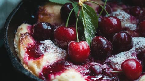 Cherry Clafoutis Dessert in a Cast Iron Skillet with Powdered Sugar ...