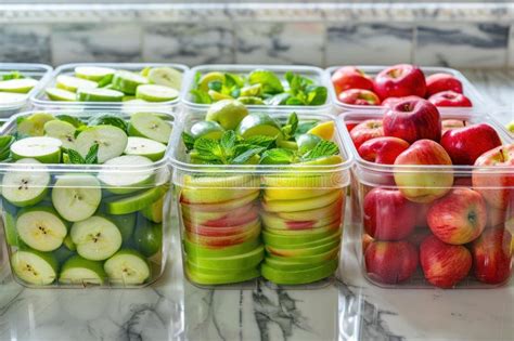Freshly Sliced Fruits and Vegetables in Meal Prep Containers Stock ...