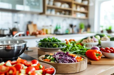 Fresh vegetables and ingredients ready for cooking in a modern kitchen ...