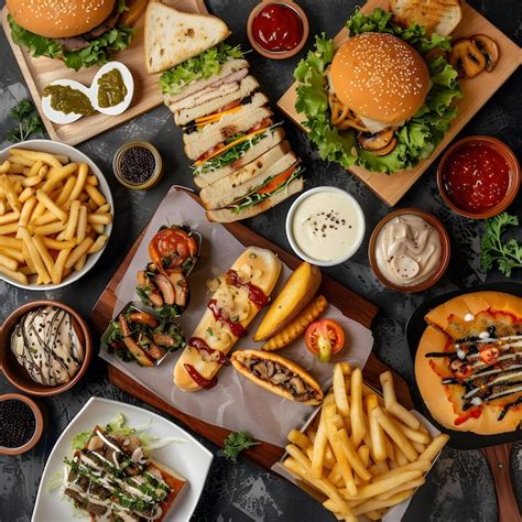 Premium Photo | Top View Fast Food Mix Mozzarella Sticks Club Sandwich ...