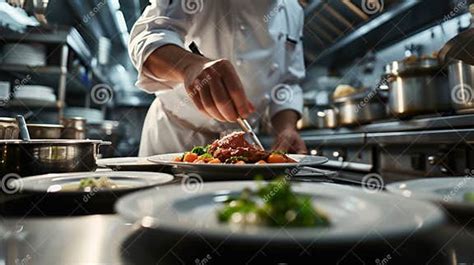 Chef Garnishing a Dish with Finesse in a Professional Kitchen, Focus on ...