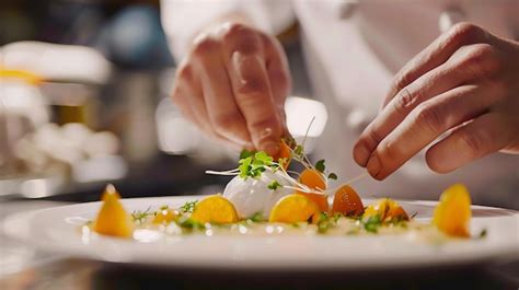 Premium Photo | A chef carefully garnishes a plate of food adding the ...