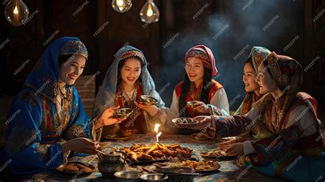 Premium AI Image | women eating food in a traditional village