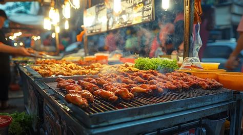 Bustling Street Food Stall with Sizzling Chicken Wings | Premium AI ...