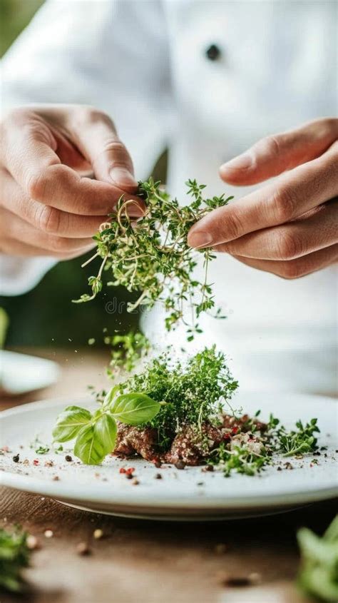 Hands Sprinkle Fresh Herbs Onto a Plate of Food. Professional Garnish ...